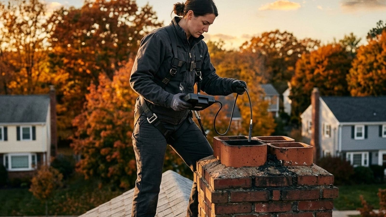 Chimney sweep working on a rooftop